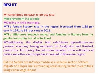 RESULT
Tremendous increase in literacy rate
Improvement in sex ratio
Decline in child marriage.
The female literary rate in the region increased from 1.88 per
cent in 1971 to 65 per cent in 2011.
The difference between males and females in literacy level i.e.
gender inequality, has also declined.
Traditionally, the Gaddis had subsistence agricultural-cum-
pastoral economy having emphasis on foodgrains and livestock
production. But during the last three decades of the cultivation of
pulses and other cash crops has increased in Bharmaur region.
But the Gaddis are still very mobile as a sizeable section of them
migrate to Kangra and surrounding areas during winter to earn their
livings from wage labour.
 