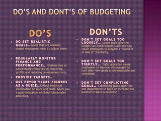 Do’s AND DONT’S OF BUDGETINGDO’SDO SET REALISTIC GOALS…Goals that are realistic makes employees want t o attain them.  