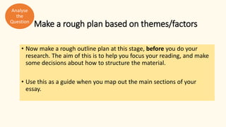 Make a rough plan based on themes/factors
• Now make a rough outline plan at this stage, before you do your
research. The aim of this is to help you focus your reading, and make
some decisions about how to structure the material.
• Use this as a guide when you map out the main sections of your
essay.
Analyse
the
Question
 