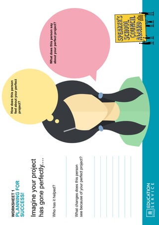 WORKSHEET1
PLANNINGFOR
SUCCESS!
Imagineyourproject
hasgoneperfectly....
Whohasithelped?
Whatchangesdoesthisperson
seebecauseofyourperfectproject?
Whatdoesthispersonsay
aboutyourperfectproject?
Howdoesthisperson
feelaboutyourperfect
project?
 