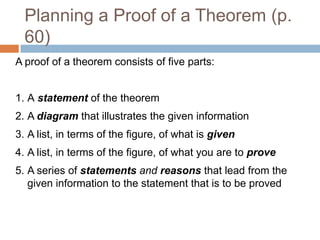 Planning a Proof of a Theorem (p.
60)
A proof of a theorem consists of five parts:
1. A statement of the theorem
2. A diagram that illustrates the given information
3. A list, in terms of the figure, of what is given
4. A list, in terms of the figure, of what you are to prove
5. A series of statements and reasons that lead from the
given information to the statement that is to be proved
 