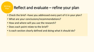 Reflect and evaluate – refine your plan
• Check the brief –have you addressed every part of it in your plan?
• What are your conclusions/recommendations?
• How and where will you use the research?
• Does each point relate to the brief?
• Is each section clearly defined and doing what it should do?
Writing
Plan
 
