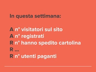 In questa settimana:
A n° visitatori sul sito
A n° registrati
R n° hanno spedito cartolina
R ...
R n° utenti paganti
 