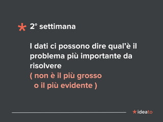 2° settimana
I dati ci possono dire qual’è il
problema più importante da
risolvere
( non è il più grosso
o il più evidente )
 
