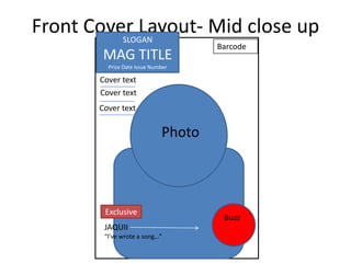 Front Cover Layout- Mid close up
          SLOGAN
                                     Barcode
        MAG TITLE
         Price Date Issue Number

       Cover text
       Cover text
       Cover text

                             Photo



        Exclusive
                                      Buzz
        JAQUII
        “I’ve wrote a song…”
 