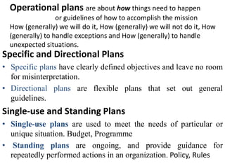 Specific and Directional Plans
• Specific plans have clearly defined objectives and leave no room
for misinterpretation.
• Directional plans are flexible plans that set out general
guidelines.
Single-use and Standing Plans
• Single-use plans are used to meet the needs of particular or
unique situation. Budget, Programme
• Standing plans are ongoing, and provide guidance for
repeatedly performed actions in an organization. Policy, Rules
Operational plans are about how things need to happen
or guidelines of how to accomplish the mission
How (generally) we will do it, How (generally) we will not do it, How
(generally) to handle exceptions and How (generally) to handle
unexpected situations.
 