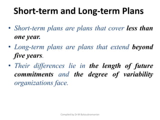 Short-term and Long-term Plans
• Short-term plans are plans that cover less than
one year.
• Long-term plans are plans that extend beyond
five years.
• Their differences lie in the length of future
commitments and the degree of variability
organizations face.
Compiled by Dr.M.Balasubramanian
 