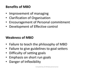 Benefits of MBO
• Improvement of managing
• Clarification of Organisation
• Encouragement of Personal commitment
• Development of Effective control
Weakness of MBO
• Failure to teach the philosophy of MBO
• Failure to give guidelines to goal setters
• Difficulty of setting goals
• Emphasis on short run goals
• Danger of Inflexibility
Compiled by Dr.M.Balasubramanian
 