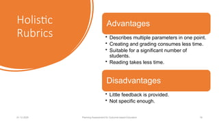 Holistic
Rubrics
01.12.2025 Planning Assessment for Outcome-based Education 18
Advantages
• Describes multiple parameters in one point.
• Creating and grading consumes less time.
• Suitable for a significant number of
students.
• Reading takes less time.
Disadvantages
• Little feedback is provided.
• Not specific enough.
 