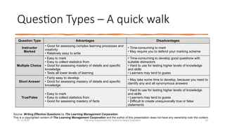 Question Types – A quick walk
01.12.2025 Planning Assessment for Outcome-based Education 25
Question Type Advantages Disadvantages
Instructor
Marked
• Good for assessing complex learning processes and
creativity
• Relatively easy to write
• Time-consuming to mark
• May require you to defend your marking scheme
Multiple Choice
• Easy to mark
• Easy to collect statistics from
• Good for assessing mastery of details and specific
knowledge
• Tests all lower levels of learning
• Time-consuming to develop good questions with
suitable distractors
• Hard to use for testing higher levels of knowledge
and skills
• Learners may tend to guess
Short Answer
• Fairly easy to develop
• Good for assessing mastery of details and specific
knowledge
• May take some time to develop, because you need to
identify any and all synonymous answers
True/False
• Easy to mark
• Easy to collect statistics from
• Good for assessing mastery of facts
• Hard to use for testing higher levels of knowledge
and skills
• Learners may tend to guess
• Difficult to create unequivocally true or false
statements
Source: Writing Effective Questions by The Learning Management Corporation.
This is a copyrighted content of The Learning Management Corporation and the author of this presentation does not have any ownership over the content.
 