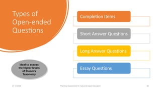 Types of
Open-ended
Questions
01.12.2025 Planning Assessment for Outcome-based Education 26
Completion Items
Short Answer Questions
Long Answer Questions
Essay Questions
Ideal to assess
the higher levels
of Bloom’s
Taxonomy
 