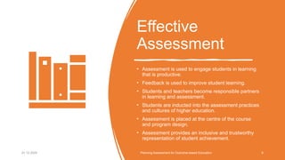 Effective
Assessment
• Assessment is used to engage students in learning
that is productive.
• Feedback is used to improve student learning.
• Students and teachers become responsible partners
in learning and assessment.
• Students are inducted into the assessment practices
and cultures of higher education.
• Assessment is placed at the centre of the course
and program design.
• Assessment provides an inclusive and trustworthy
representation of student achievement.
01.12.2025 Planning Assessment for Outcome-based Education 6
 