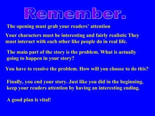 The opening must grab your readers’ attention
Your characters must be interesting and fairly realistic They
must interact with each other like people do in real life.
The main part of the story is the problem. What is actually
going to happen in your story?
You have to resolve the problem. How will you choose to do this?
Finally, you end your story. Just like you did in the beginning,
keep your readers attention by having an interesting ending.
A good plan is vital!

 