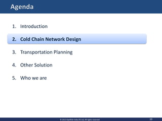 10
1. Introduction
2. Cold Chain Network Design
3. Transportation Planning
4. Other Solution
5. Who we are
© 2013 OptiRisk India (P) Ltd, All rights reserved
 