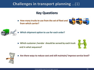 21© 2013 OptiRisk India (P) Ltd, All rights reserved
Key Questions
How many trucks to use from the set of fleet and
from which carrier?
Which shipment option to use for each order?
Which customer /vendor should be served by each truck
and in what sequence?
Are there ways to reduce cost and still maintain/ improve service level?
 