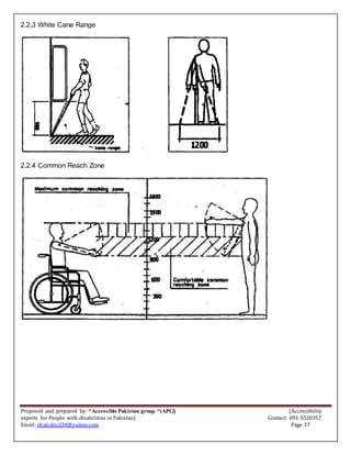 Proposed and prepared by: “Accessible Pakistan group “(APG) (Accessibility
experts for People with disabilities in Pakistan) Contact: 091-5520357
Email: shahabud34@yahoo.com Page 17
2.2.3 White Cane Range
2.2.4 Common Reach Zone
 