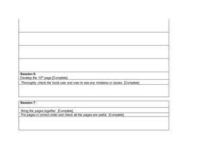 Session 6:
Develop the 10th page [Complete]
Thoroughly check the book over and over to see any mistakes or issues. [Complete]
Session 7:
Bring the pages together [Complete]
Put pages in correct order and check all the pages are useful. [Complete]
 
