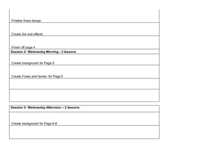 Finalise Kasa design
Create fire and effects
Finish off page 4
Session 2: Wednesday Morning - 2 lessons
Create background for Page 5
Create Foxes and human for Page 5
Session 3: Wednesday Afternoon – 2 lessons
Create background for Page 6-8
 