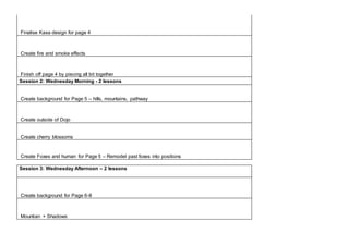 Finalise Kasa design for page 4
Create fire and smoke effects
Finish off page 4 by piecing all bit together
Session 2: Wednesday Morning - 2 lessons
Create background for Page 5 – hills, mountains, pathway
Create outside of Dojo
Create cherry blossoms
Create Foxes and human for Page 5 – Remodel past foxes into positions
Session 3: Wednesday Afternoon – 2 lessons
Create background for Page 6-8
Mountian + Shadows
 
