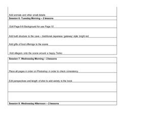 Add animals and other small details
Session 6: Tuesday Morning – 2 lessons
Edit Page 6-8 Background for use Page 10
Add built structure to the cave – traditional Japanese ‘gateway’ style bright red
Add gifts of food offerings to the scene
Add villagers onto the scene around a happy Tenko
Session 7: Wednesday Morning – 2 lessons
Place all pages in order on Photoshop in order to check consistency
Edit perspectives and length of shot to add variety to the book
Session 8: Wednesday Afternoon – 2 lessons
 