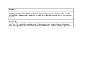 Session 9:
Ninth Page. For this I will make the witch look as if she’s falling so will have her arms in the air and a
shocked face. It will also have a close up of the tower, which will have Rapunzel and the prince looking
down from.
Session 10:
Last Page. This page I will change the colour of Rapunzel’s dress to white and change the prince’s
outfit. This page will just feature these two characters in the forest. It will show that they’ve got married.
 
