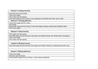 Session 3: Tuesday morning
Draw and scan second page
Trace over image
Fill in colour and set opacity
Draw third page and scan (Group of rats gathering and Rodilard with other cats on wall)
Session 4: Thursday afternoon
Trace over image and fill in colour
Set opacity
Draw fourth page and scan (Group of rats with bubble showing a bell around Rodilard’s neck)
Trace over image
Session 5: Friday morning
Fill in colour and set opacity
Draw fifth page and scan (Group of rats again and bubble showing rats hiding before cat appears)
Trace over image
Fill in colour and set opacity
Session 6: Monday morning
Draw sixth page and scan (Group of rats again and bubble showing a rat attaching the bell to cat)
Session 7: Monday afternoon
Trace over image
Fill colour and set opacity
Draw seventh page and scan (Groups of rats reacting negatively)
 