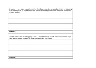 In session 4 I want to get any work unfinished from the previous day completed and move on to creating
the multi background for page 4 that in itself is more like 3 backgrounds and so this should encompass
the entire session.
Session 5:
I want to make a start on starting page 5 and 6. I should be able to do both within one session as page
6 was used for my test page and so should not be too hard to re-create.
Session 6:
 