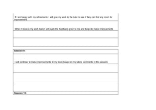 If I am happy with my refinements I will give my work to the tutor to see if they can find any room for
improvement.
When I receive my work back I will study the feedback given to me and begin to make improvements
Session 9:
I will continue to make improvements to my book based on my tutors comments in this session.
Session 10:
 