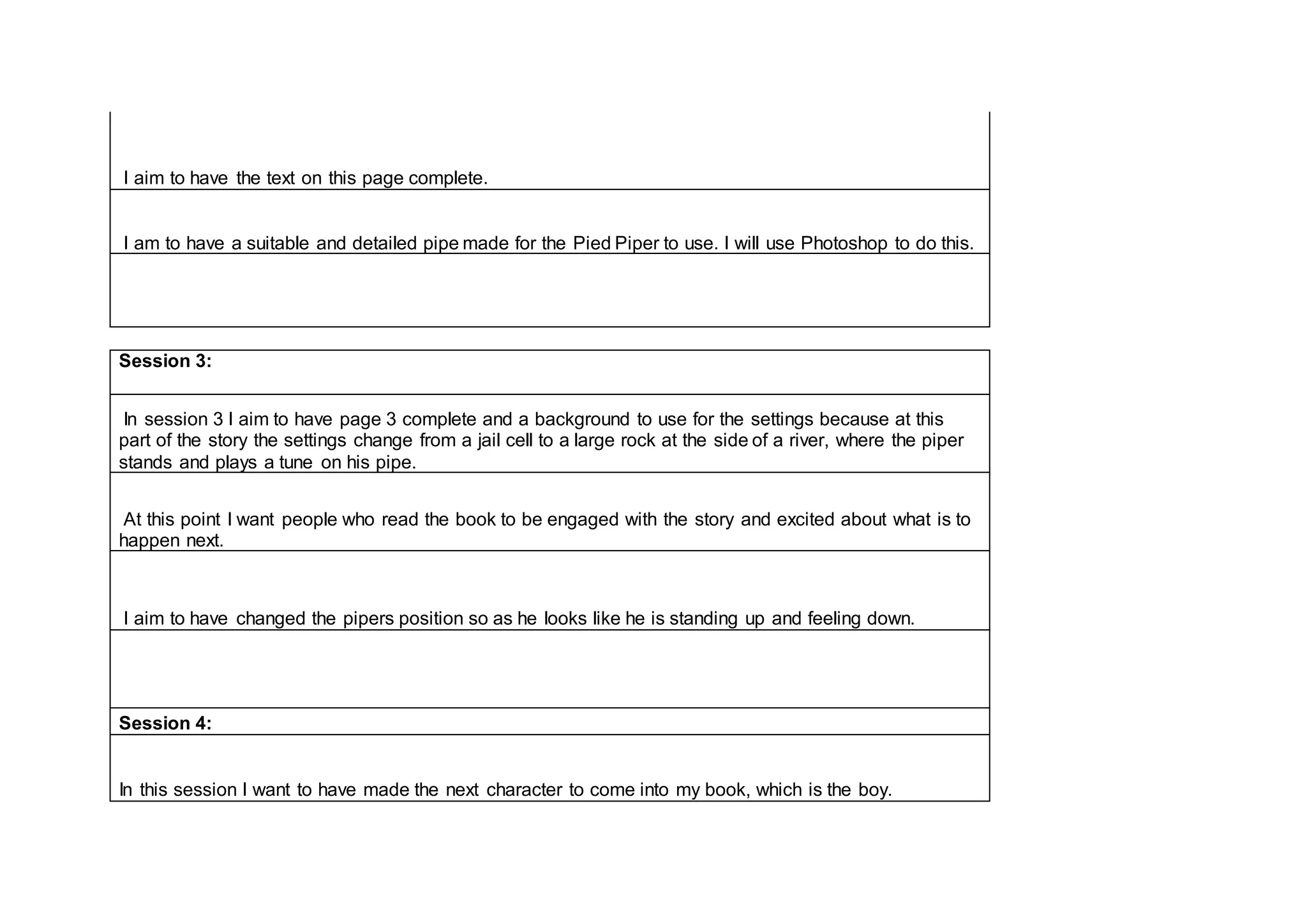 I aim to have the text on this page complete.
I am to have a suitable and detailed pipe made for the Pied Piper to use. I will use Photoshop to do this.
Session 3:
In session 3 I aim to have page 3 complete and a background to use for the settings because at this
part of the story the settings change from a jail cell to a large rock at the side of a river, where the piper
stands and plays a tune on his pipe.
At this point I want people who read the book to be engaged with the story and excited about what is to
happen next.
I aim to have changed the pipers position so as he looks like he is standing up and feeling down.
Session 4:
In this session I want to have made the next character to come into my book, which is the boy.
 