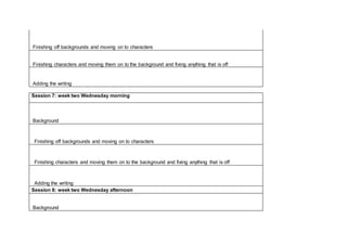 Finishing off backgrounds and moving on to characters
Finishing characters and moving them on to the background and fixing anything that is off
Adding the writing
Session 7: week two Wednesday morning
Background
Finishing off backgrounds and moving on to characters
Finishing characters and moving them on to the background and fixing anything that is off
Adding the writing
Session 8: week two Wednesday afternoon
Background
 