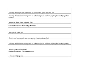 Finishing off backgrounds and moving on to characters (page three and four)
Finishing characters and moving them on to the background and fixing anything that is off (page three
and four)
Adding the writing (page three and four)
Session 3:week one Wednesday afternoon
Background (page five)
Finishing off backgrounds and moving on to characters (page five)
Finishing characters and moving them on to the background and fixing anything that is off (page five)
Adding the writing (page five)
Session 4:week one Thursday afternoon
Background (page six)
 