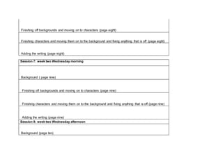 Finishing off backgrounds and moving on to characters (page eight)
Finishing characters and moving them on to the background and fixing anything that is off (page eight)
Adding the writing (page eight)
Session 7: week two Wednesday morning
Background ( page nine)
Finishing off backgrounds and moving on to characters (page nine)
Finishing characters and moving them on to the background and fixing anything that is off (page nine)
Adding the writing (page nine)
Session 8: week two Wednesday afternoon
Background (page ten)
 
