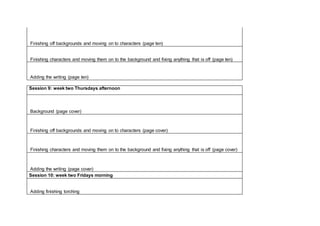Finishing off backgrounds and moving on to characters (page ten)
Finishing characters and moving them on to the background and fixing anything that is off (page ten)
Adding the writing (page ten)
Session 9: week two Thursdays afternoon
Background (page cover)
Finishing off backgrounds and moving on to characters (page cover)
Finishing characters and moving them on to the background and fixing anything that is off (page cover)
Adding the writing (page cover)
Session 10: week two Fridays morning
Adding finishing torching
 