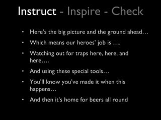 Here’s the big picture and the ground ahead… Which means our heroes’ job is …. Watching out for traps here, here, and here…. And using these special tools… You’ll know you’ve made it when this happens… And then it’s home for beers all round Instruct  - Inspire - Check 