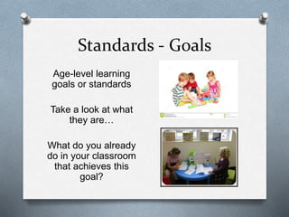 Standards - Goals 
Age-level learning 
goals or standards 
Take a look at what 
they are… 
What do you already 
do in your classroom 
that achieves this 
goal? 
 