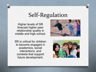 Self-Regulation 
Higher levels of SR 
forecast higher peer 
relationship quality in 
middle and high school. 
SR is critical for children 
to become engaged in 
academics, social 
interactions, and 
contexts that support 
future development. 
 