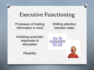 Executive Functioning 
Processes of holding 
information in mind 
Inhibiting automatic 
responses to 
stimulation 
Flexibility 
Shifting attention 
between tasks 
 