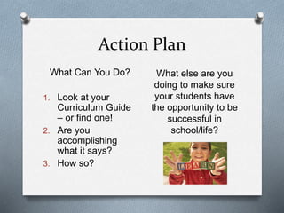 Action Plan 
What Can You Do? 
1. Look at your 
Curriculum Guide 
– or find one! 
2. Are you 
accomplishing 
what it says? 
3. How so? 
What else are you 
doing to make sure 
your students have 
the opportunity to be 
successful in 
school/life? 
 