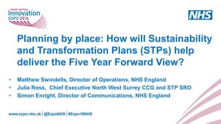 Planning by place: How will Sustainability
and Transformation Plans (STPs) help
deliver the Five Year Forward View?
• Matthew Swindells, Director of Operations, NHS England
• Julia Ross, Chief Executive North West Surrey CCG and STP SRO
• Simon Enright, Director of Communications, NHS England
 