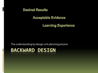 Backward design The understanding by design unit planning process Desired Results 	Acceptable Evidence 		Learning Experience 
