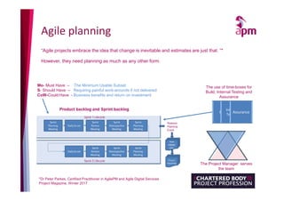 Agile planning
“Agile projects embrace the idea that change is inevitable and estimates are just that. ”*
However, they need planning as much as any other form.
*Dr Peter Parkes, Certified Practitioner in AgilePM and Agile Digital Services
Project Magazine, Winter 2017
Mo- Must Have – The Minimum Usable Subset
S- Should Have – Requiring painful work-arounds if not delivered
CoW-Could Have - Business benefits and return on investment
Build
Internal
Testing
The use of time-boxes for
Build, Internal Testing and
Assurance
Assurance
The Project Manager serves
the team
 