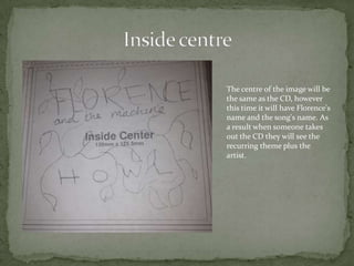 The centre of the image will be
the same as the CD, however
this time it will have Florence's
name and the song's name. As
a result when someone takes
out the CD they will see the
recurring theme plus the
artist.
 