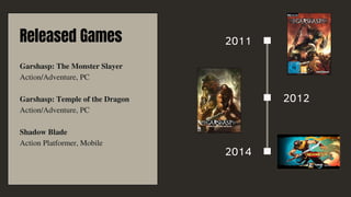 Garshasp: The Monster Slayer
Action/Adventure, PC
Garshasp: Temple of the Dragon
Action/Adventure, PC
Shadow Blade
Action Platformer, Mobile
2011


2014
2012
Released Games
 