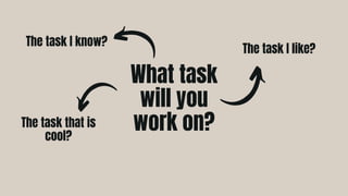 The task I like?
The task I know?
The task that is
cool?
What task
will you
work on?
 