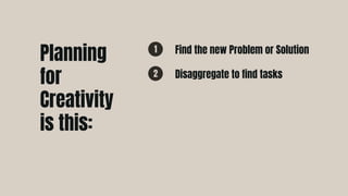 Find the new Problem or Solution
1
Disaggregate to find tasks
2
Planning
for
Creativity
is this:
 