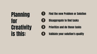 Find the new Problem or Solution
1
Disaggregate to find tasks
2
Validate your solution's quality
4
Prioritize and do those tasks
3
Planning
for
Creativity
is this:
 