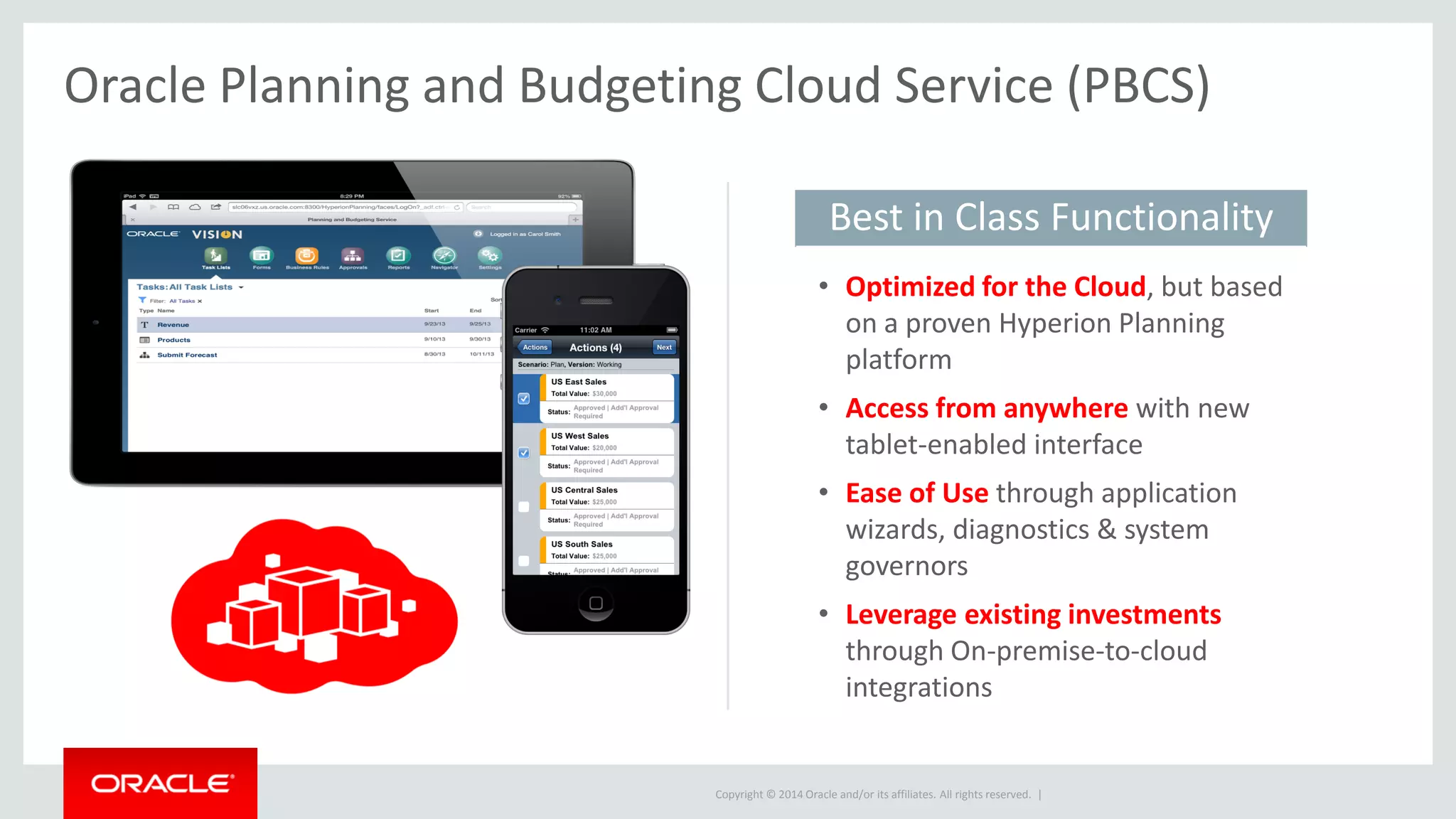 Copyright © 2014 Oracle and/or its affiliates. All rights reserved. |
Oracle Planning and Budgeting Cloud Service (PBCS)
Best in Class Functionality
• Optimized for the Cloud, but based
on a proven Hyperion Planning
platform
• Access from anywhere with new
tablet-enabled interface
• Ease of Use through application
wizards, diagnostics & system
governors
• Leverage existing investments
through On-premise-to-cloud
integrations
 