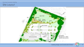 Building Design and Construction Division
Site Layout
Building Design and Construction Division 10
Community Center Library
Open Field
Rain Garden
Stormwater
Management – Water
Quality Improvements
Trails
Picnic
Tables
Fitness
Stations
Playground
Area
Planning Commission Meeting
 