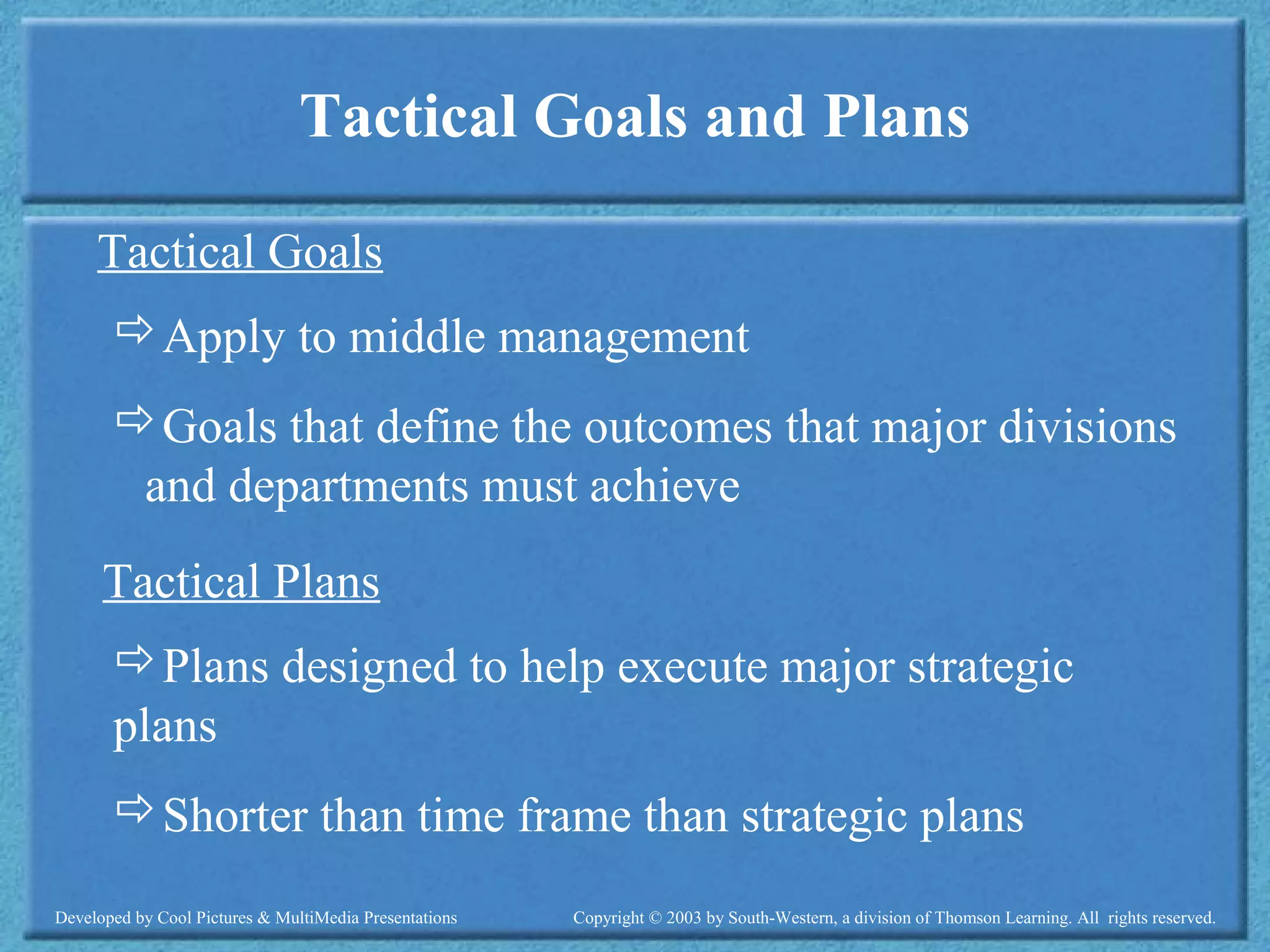 Developed by Cool Pictures & MultiMedia Presentations Copyright © 2003 by South-Western, a division of Thomson Learning. All rights reserved.
Tactical Goals and Plans
Tactical Goals
Apply to middle management
Goals that define the outcomes that major divisions
and departments must achieve
Tactical Plans
Plans designed to help execute major strategic
plans
Shorter than time frame than strategic plans
 