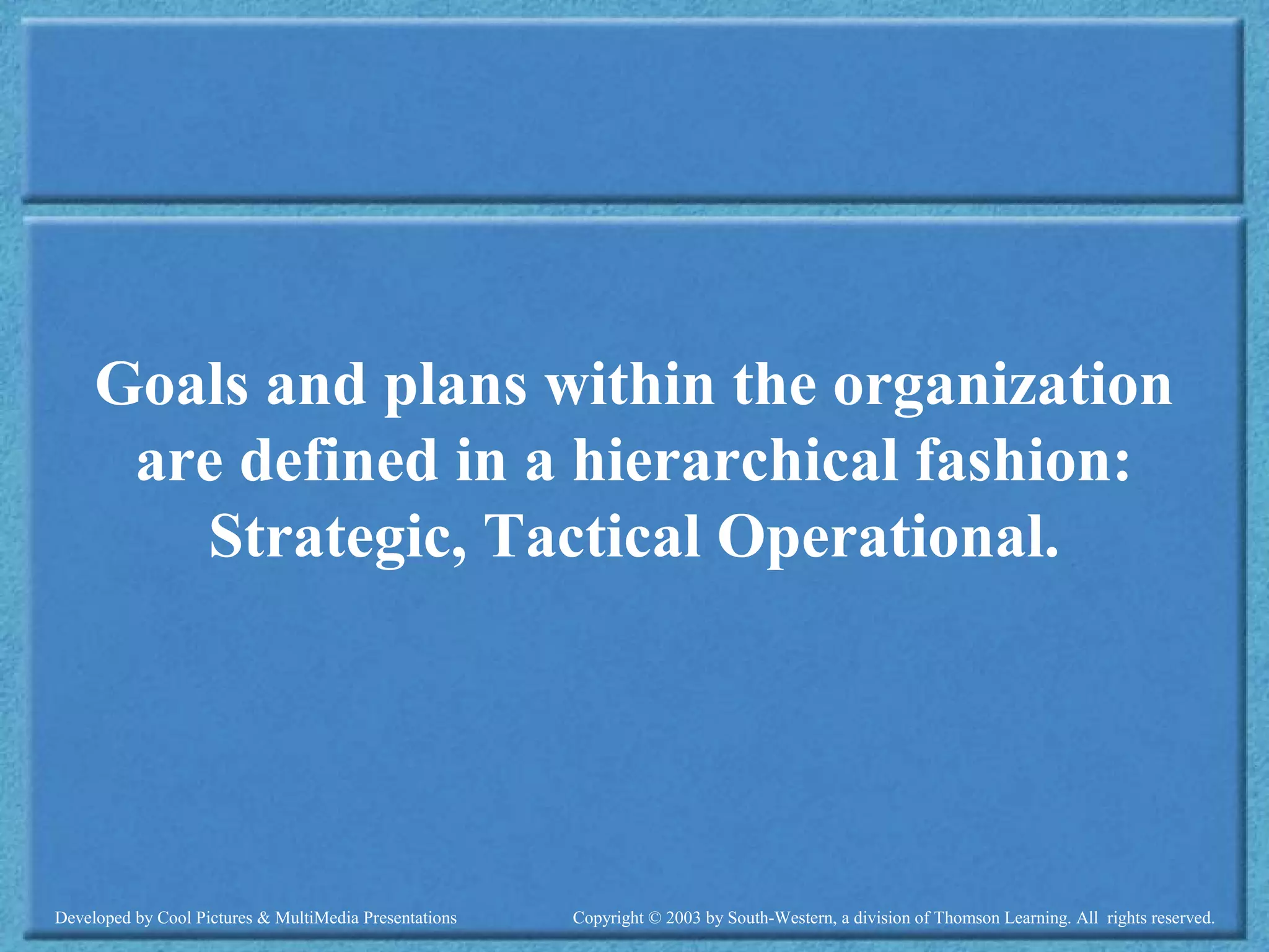 Developed by Cool Pictures & MultiMedia Presentations Copyright © 2003 by South-Western, a division of Thomson Learning. All rights reserved.
Goals and plans within the organization
are defined in a hierarchical fashion:
Strategic, Tactical Operational.
 